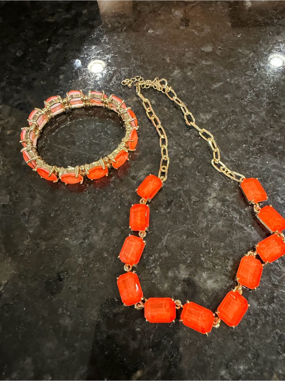 Neon Orange Gemstone Necklace and Bracelet Set - Elegant Statement Jewelry